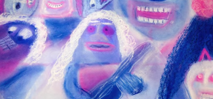 Abstract painting with vibrant colors showing various faces with expressive features and brush strokes.