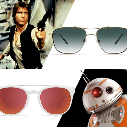 Two pairs of sunglasses with gradient and red lenses, next to a character holding a blaster and a spherical droid.