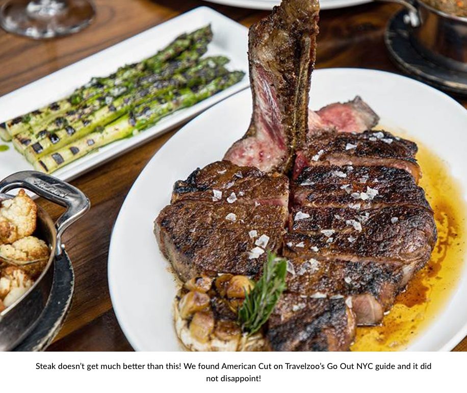 Bone-in steak with a side of grilled asparagus and roasted cauliflower. Caption: 'Steak doesn't get much better than this! We found American Cut on Travelzoo’s Go Out NYC guide and it did not disappoint!'
