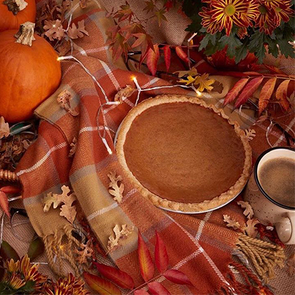 Pumpkin pie on autumn-themed plaid blanket, surrounded by fall leaves, a pumpkin, and a cup of coffee.