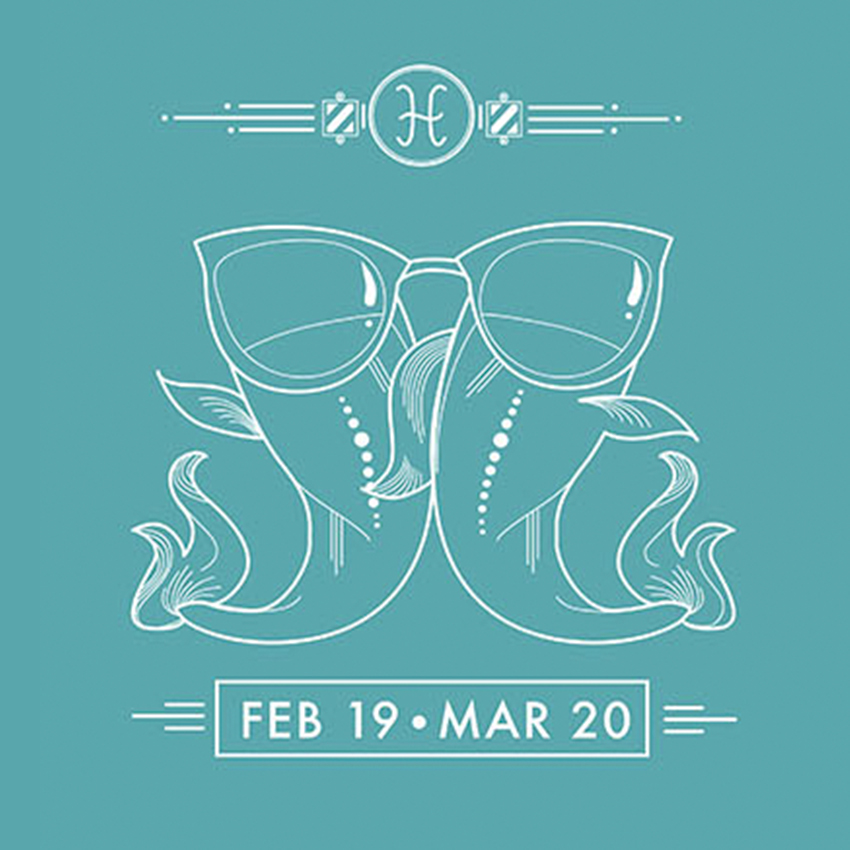 Two fish wearing glasses with the text "FEB 19 - MAR 20" below them.