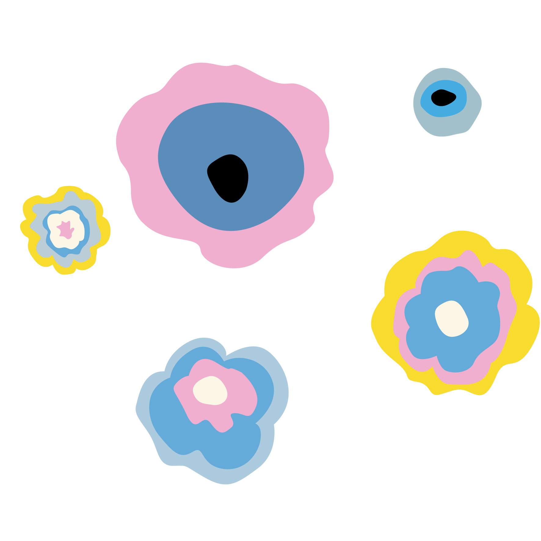 Abstract flower designs of various colors including pink, blue, yellow, and black on a white background.