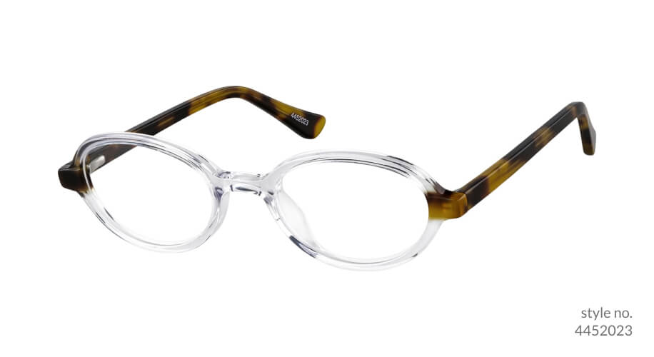 Clear-framed glasses with tortoiseshell arms. Style no. 4452023.