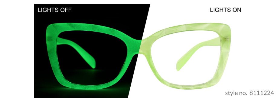 Green eyeglass frames glowing under "Lights Off"; normal under "Lights On". Style no. 8111224