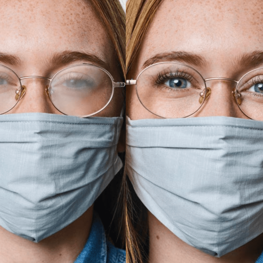 Two people wearing glasses and face masks; left glasses fogged, right glasses clear.