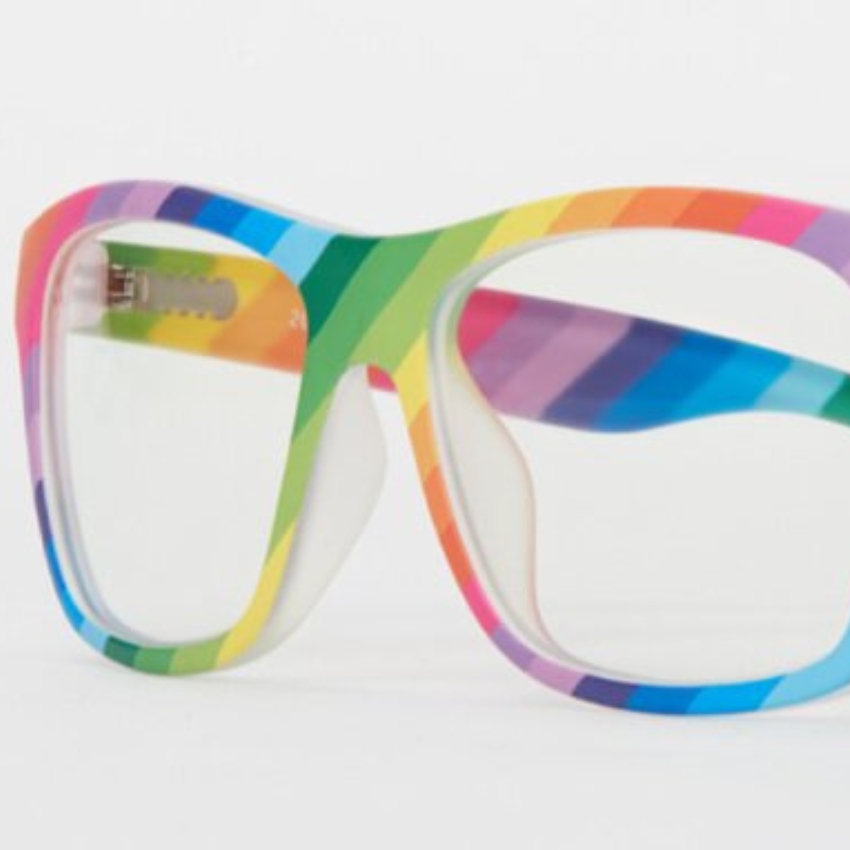 Colorful eyeglass frames with a rainbow striped pattern.