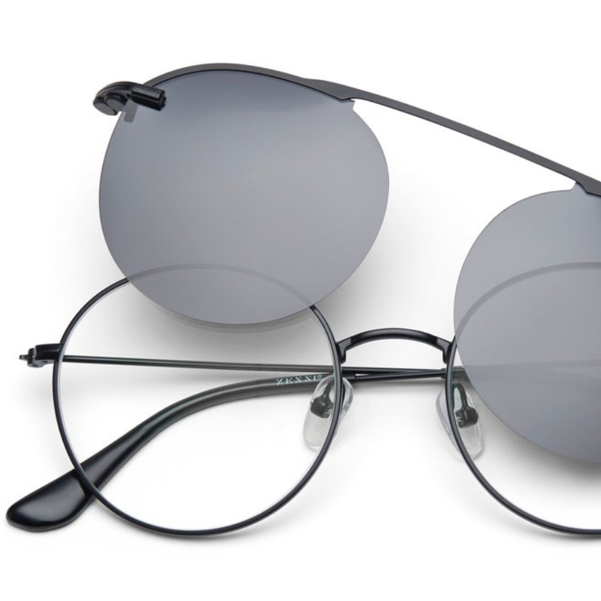 Round frame eyeglasses with detachable magnetic clip-on round sunglasses in grey tint.