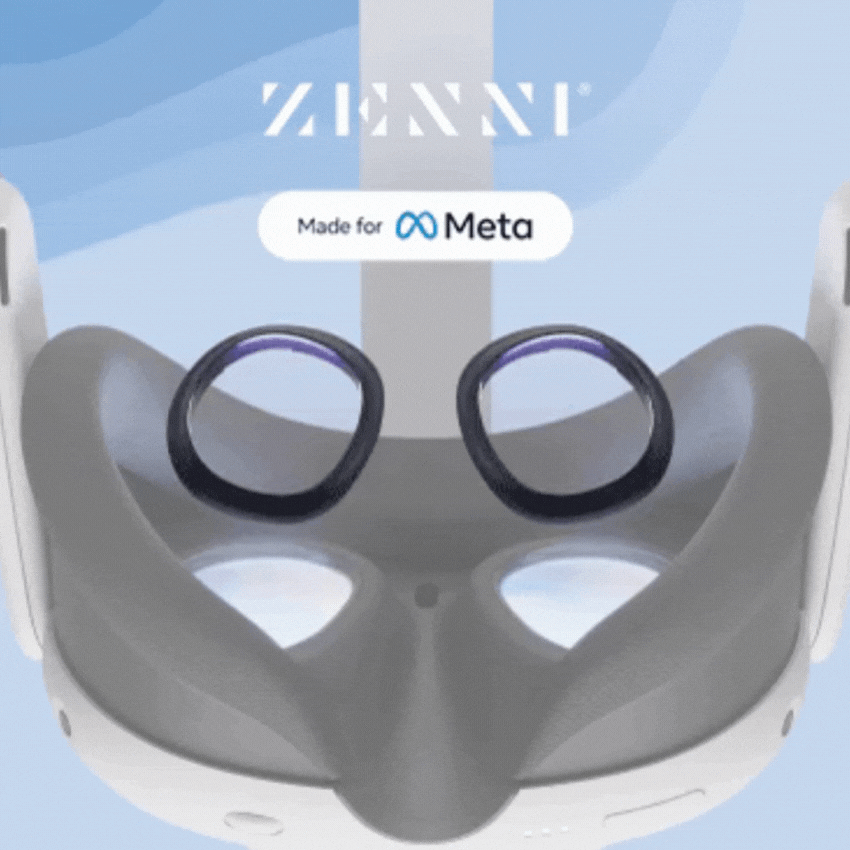 Zenni VR lens inserts for Meta Quest, with "Zenni Made for Meta" text displayed above the headset.