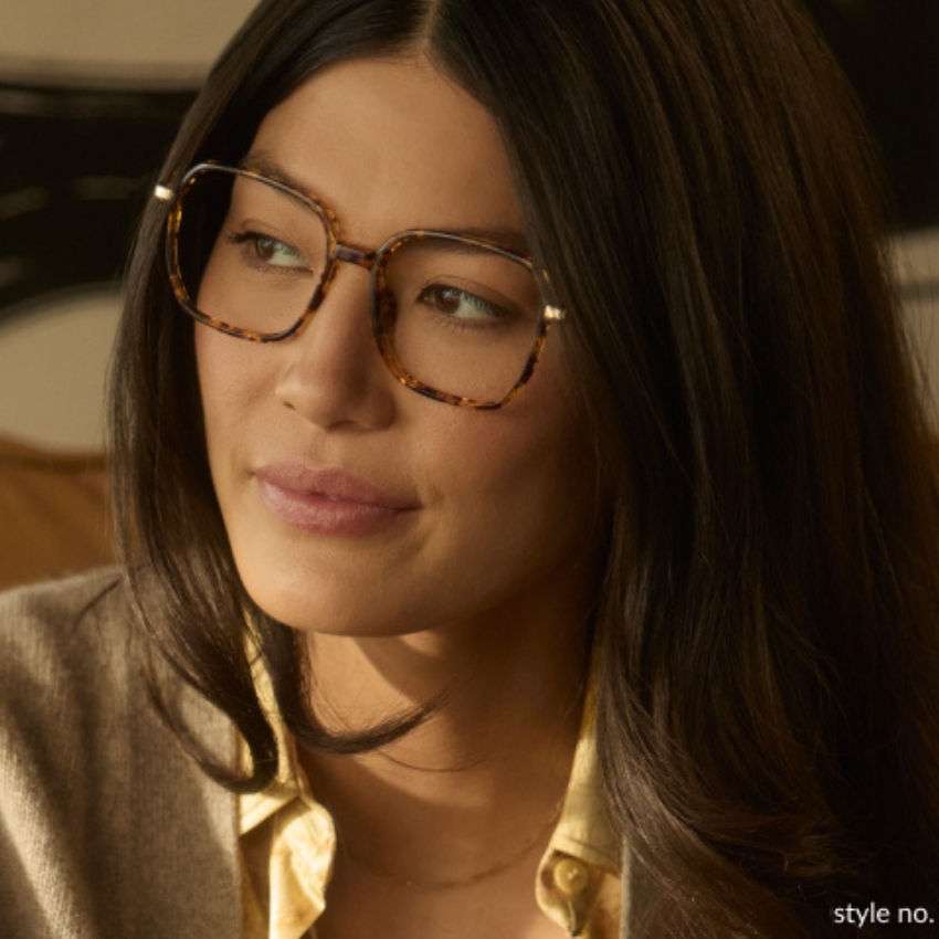 Woman wearing oversize, tortoise-shell eyeglasses. Text in the corner reads "style no."