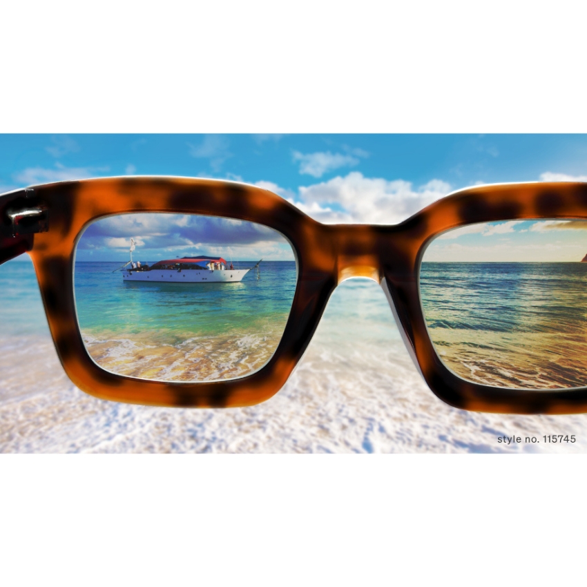 Tortoiseshell glasses frame with a view of a yacht on the ocean and beach visible through the lenses. Style no. 115745.
