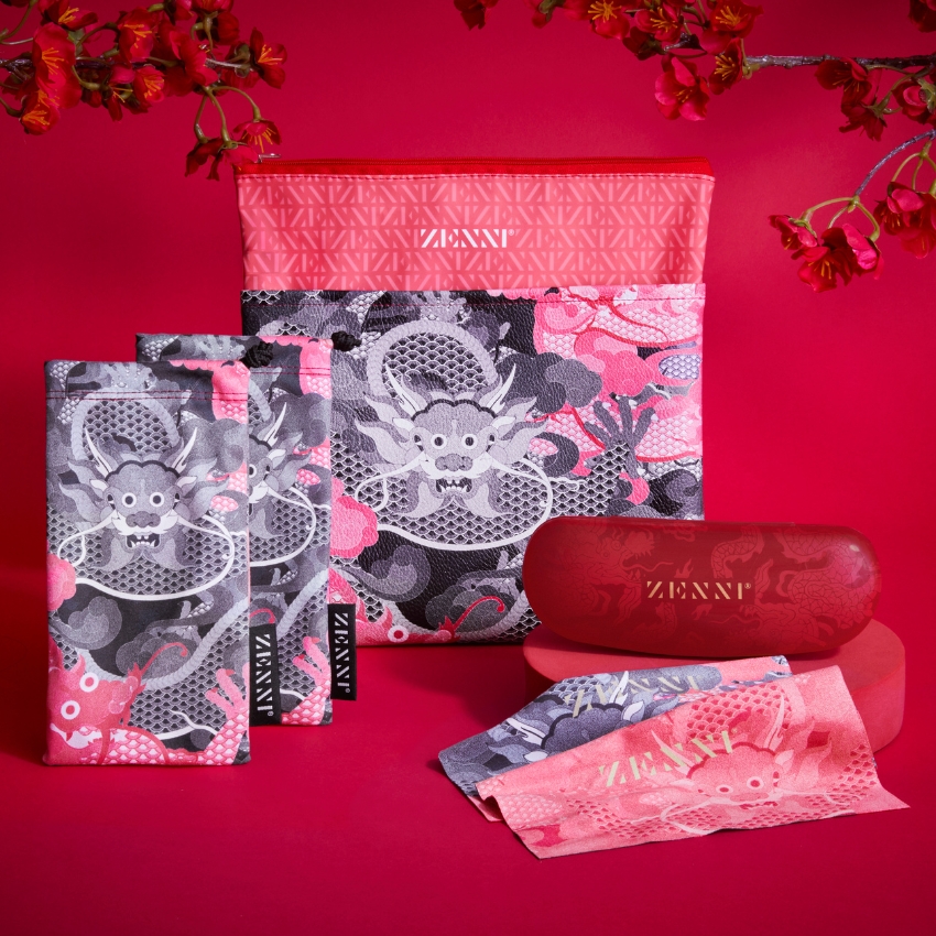 Zenni glasses cases and cloths featuring dragon designs in grey, pink, and black. Zenni logo visible.