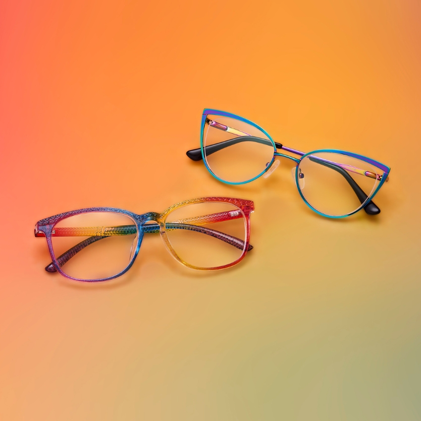 Two pairs of colorful eyeglasses on a gradient orange background.